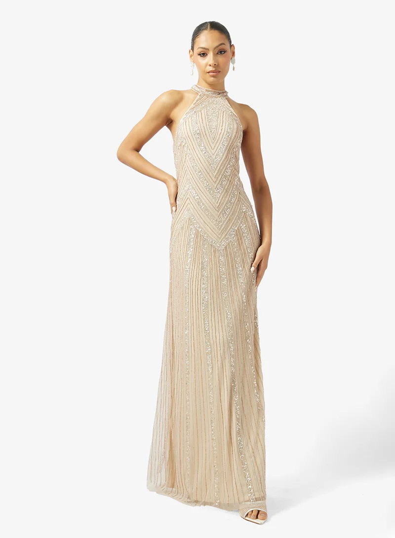 Halter Neck Bead Embellished Evening Gown